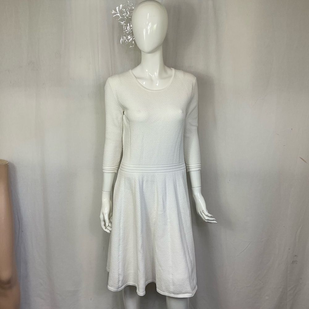 Hugo Boss Off White 3/4 Sleeve Waffle Textured Knit Knee Length Dress M - Picture 6 of 14